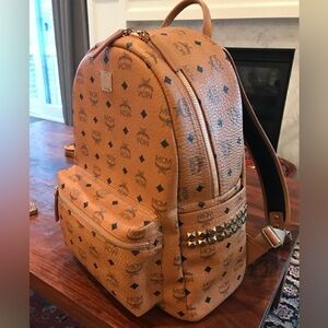 MCM Cognac Brown Monogram Studded Backpack